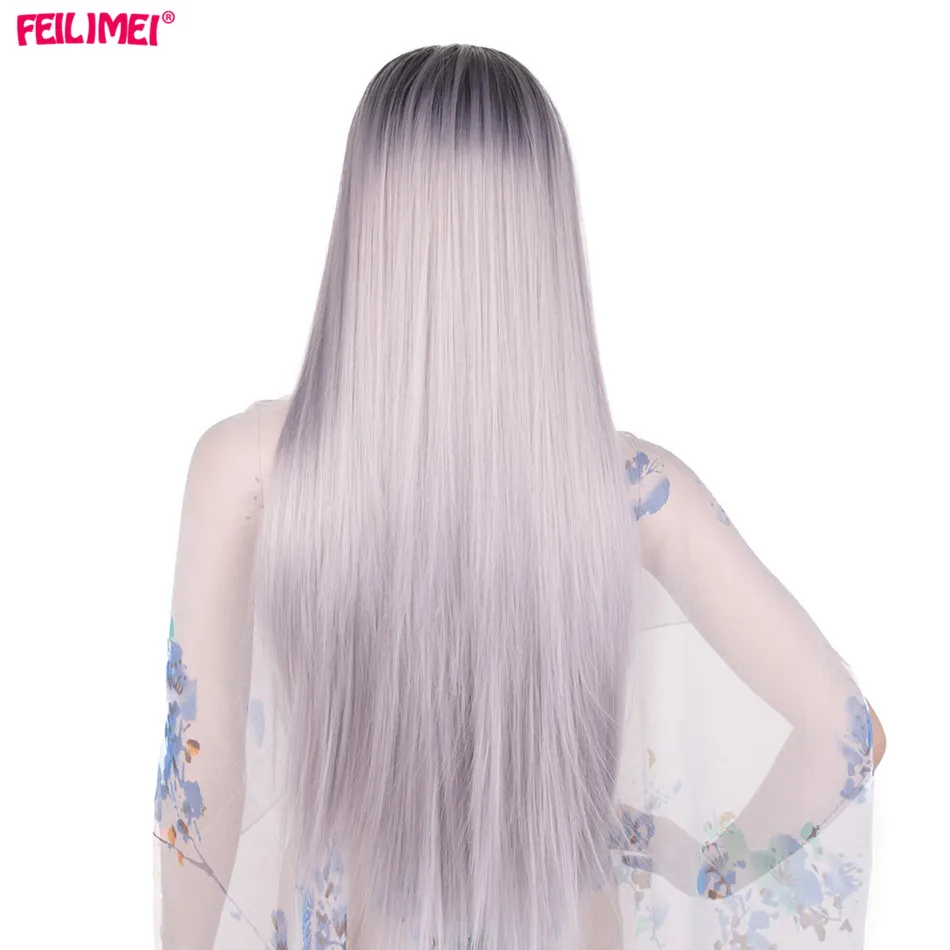 Feilimei Ombre Grey Wig Синтетическое японское волокно 60см 280г Длинные прямые штаны Черные