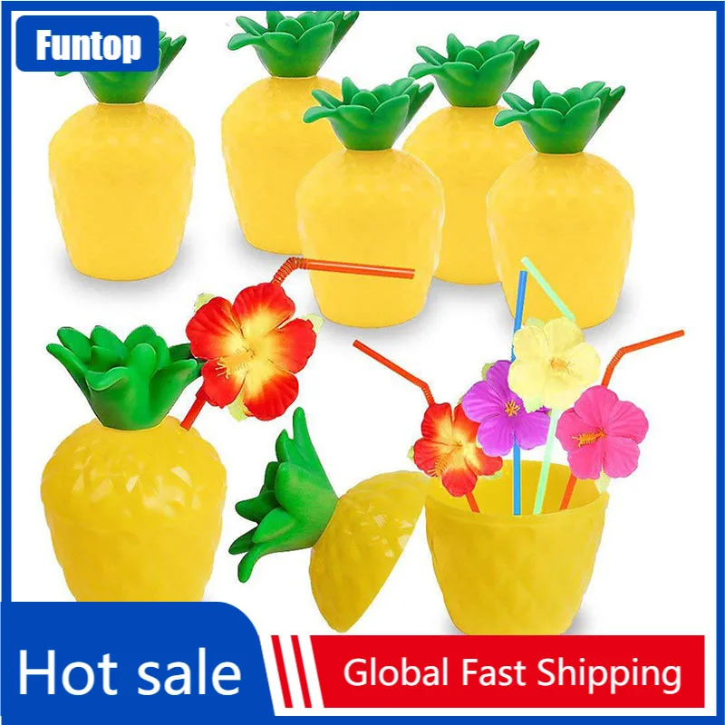 

6Pcs Summer Tropical Pineapple Coconut Drinking Cup Hibiscus Flower Straws Hawaiian Luau Birthday Beach Pool Party Decorations