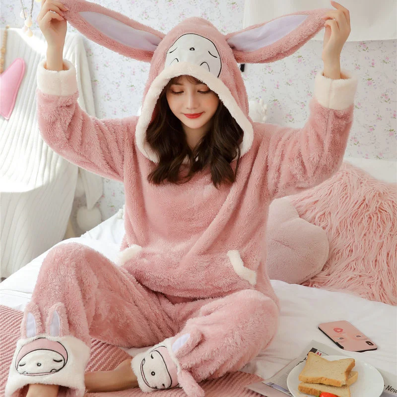 

Pajamas Women Autumn And Winter Coral Plush Thickened Plush Flannel Housewear Warm Lovely Rabbit Plush Suit pajama sets