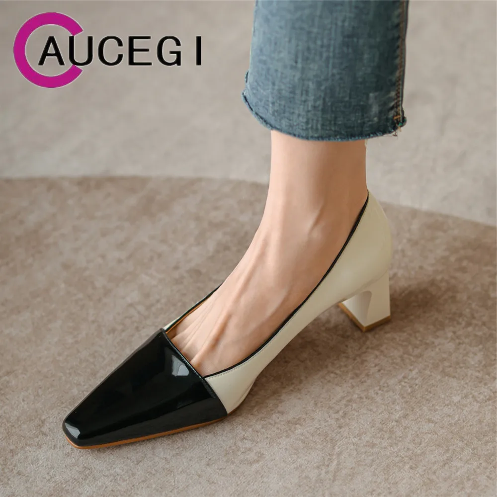 Aucegi Spring Fall New Single Shoes Chunky Heels Pointed Toe Women Pumps Shallow Genuine Leather Mixed Color Black Wine Red 
Aucegi Spring Fall New Single Shoes Chunky Heels Pointed Toe Women Pumps Shallow Genuine Leather Mixed Color Black Wine Red