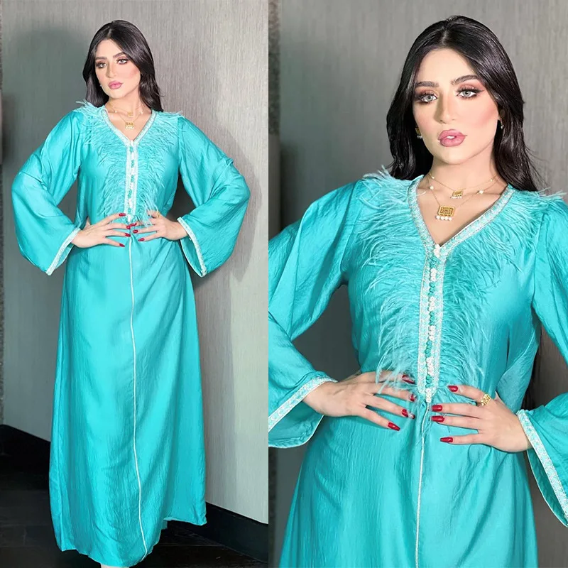 Muslim Fashion Stitching Feather Long Skirt Arabian Dubai Women's Dress Saudi Abaya New Turkey Islamic Robe Femme Musulmane 2021
Muslim Fashion Stitching Feather Long Skirt Arabian Dubai Women's Dress Saudi Abaya New Turkey Islamic Robe Femme Musulmane 2021
