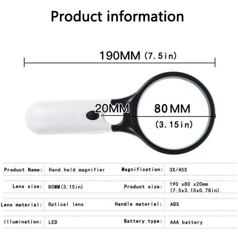 Handheld 3X 45X Illuminated Magnifier Microscope Magnifying Glass Aid Reading For Seniors loupe Jewelry Repair Tool With 3 LED 
Handheld 3X 45X Illuminated Magnifier Microscope Magnifying Glass Aid Reading For Seniors loupe Jewelry Repair Tool With 3 LED