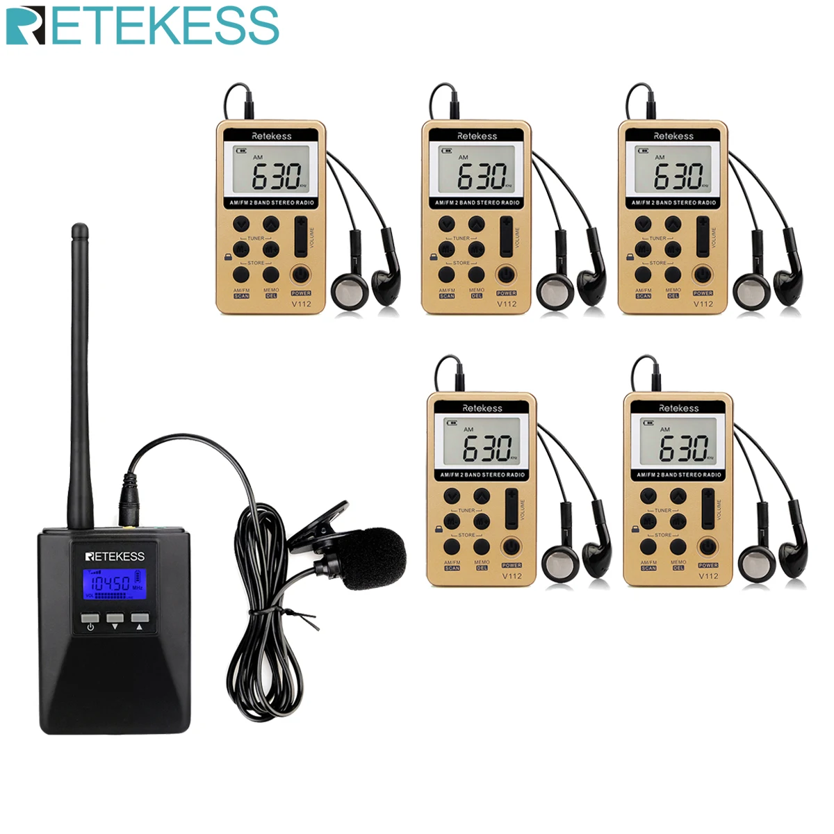 

Retekess TR506 FM Transmitter + 5pcs V112 FM Radio Receiver Tour Guide System Guiding Church Meeting Translation System