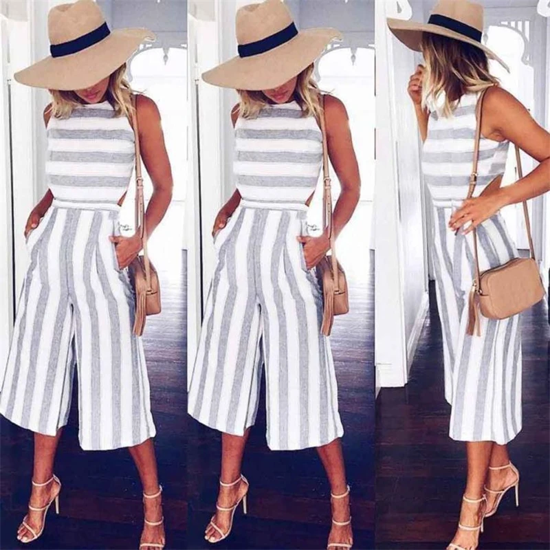 Women's Sleeveless Striped Jumpsuit Casual Loose Trousers Fashionable Leotard Catsuit Combinaison Wide Leg Pants
Women's Sleeveless Striped Jumpsuit Casual Loose Trousers Fashionable Leotard Catsuit Combinaison Wide Leg Pants