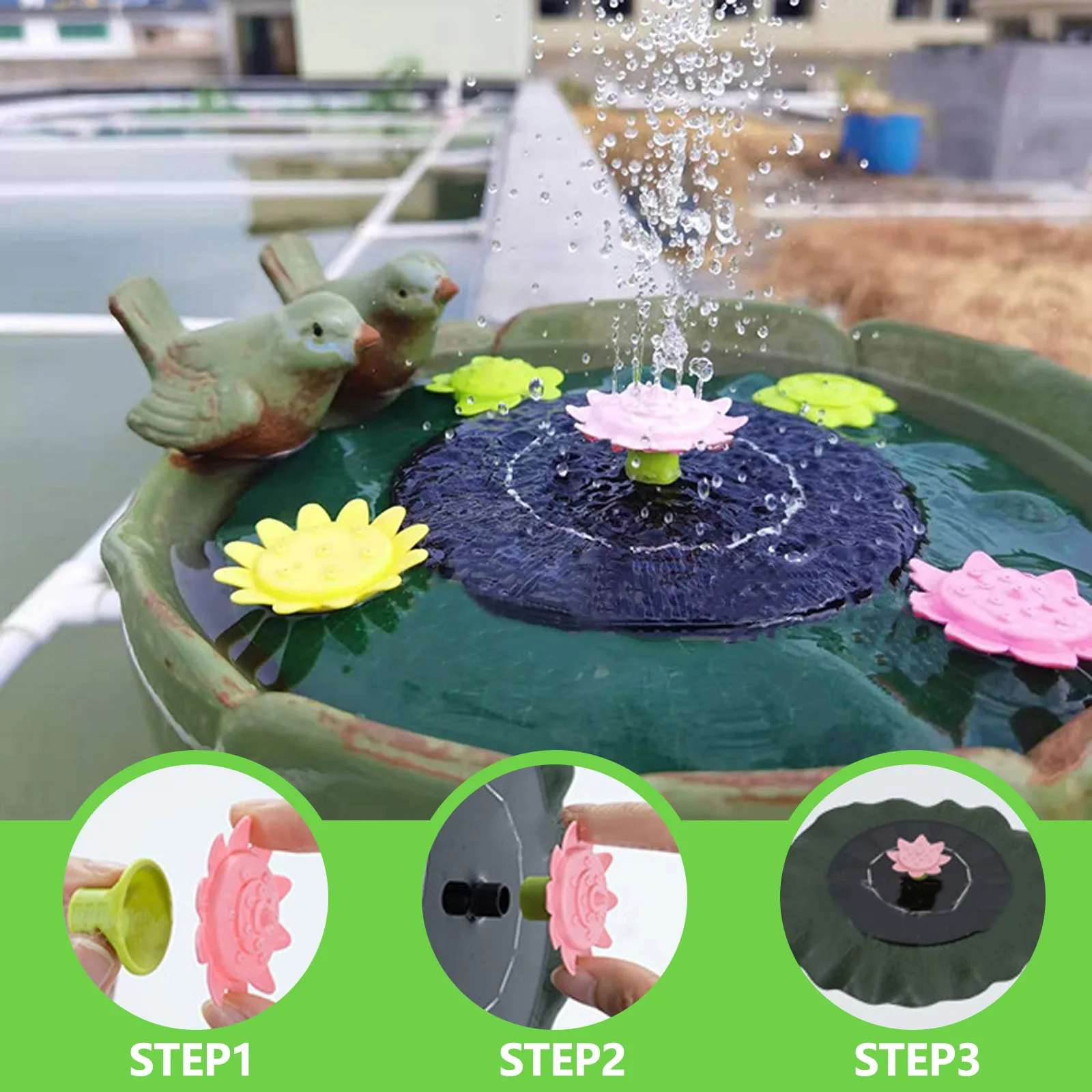 

1W Solar Pond Fountain Lotus Leaf Shaped Floating Water Pump with 9 Nozzles for Bird Bath Pond Pool Fish Tank Garden Decor