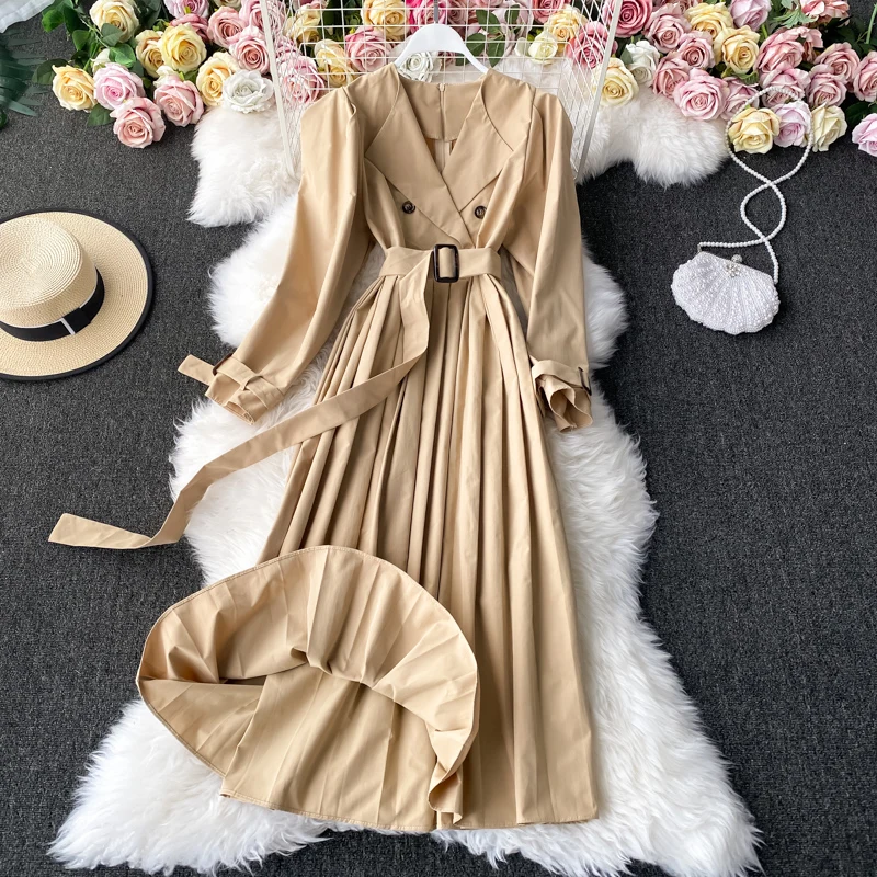 Office Lady Pleated Dress Women Casual Notched Collar Long Sleeve Double Breasted Vestidos With Sashes 2020 Autumn Winter New OL
Office Lady Pleated Dress Women Casual Notched Collar Long Sleeve Double Breasted Vestidos With Sashes 2020 Autumn Winter New OL