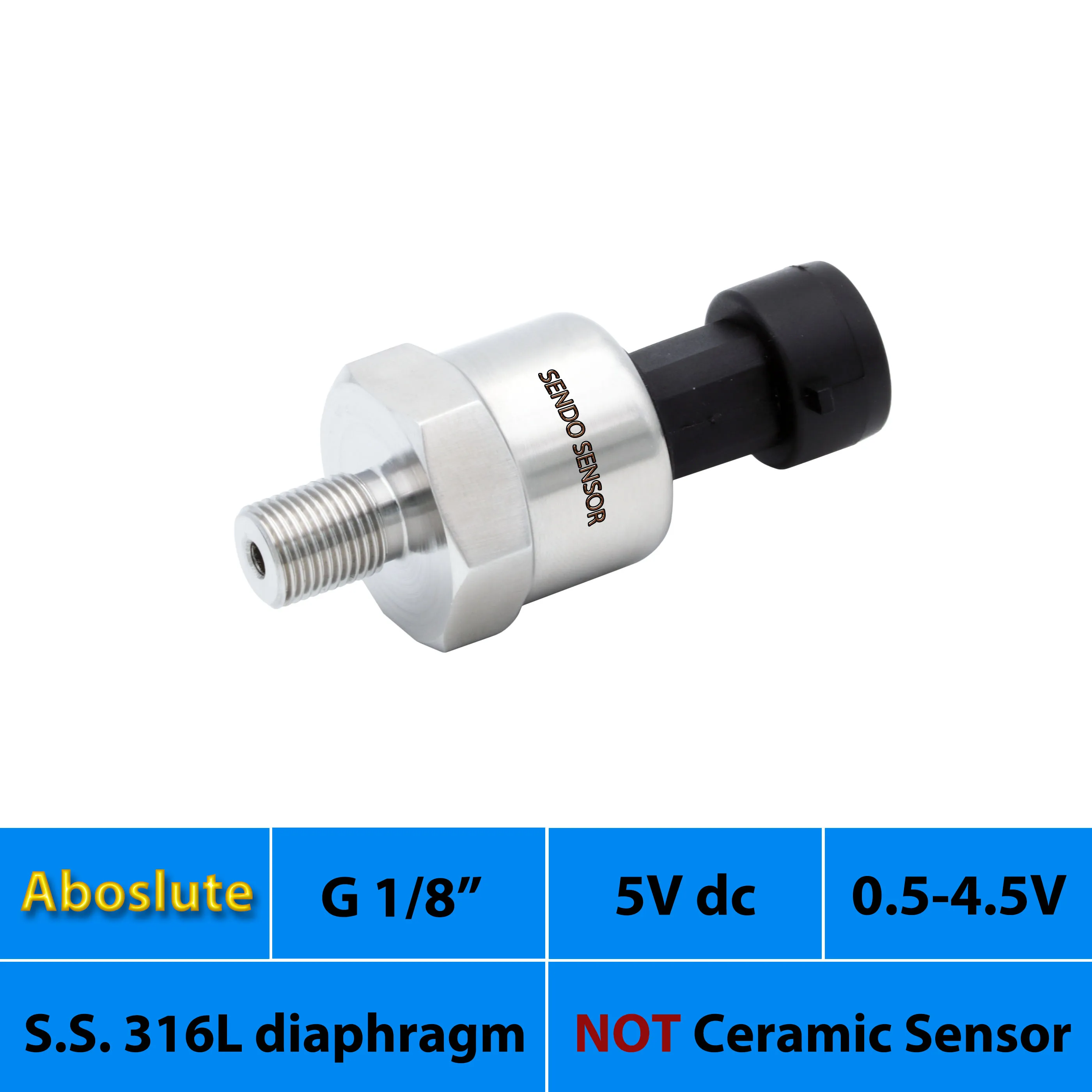 

absolute pressure sensor, 75, 50, 30psi, 1, 4, 1.6, 10 bar abs, 1mpa, 2.5mpa, 5V DC supply, 0.5-4.5V output, AISI 316L diaphragm