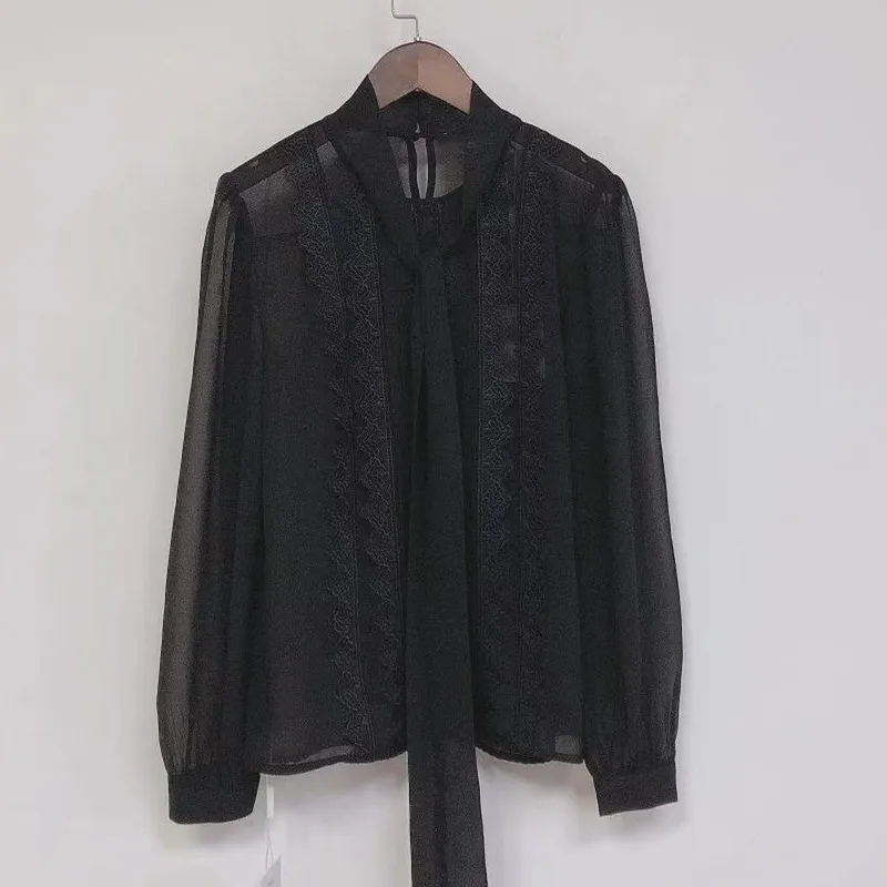 Women's Black Shirt Lace Bow Tie Long Sleeve Sexy Blouse & Tops 2021 Early Spring
Women's Black Shirt Lace Bow Tie Long Sleeve Sexy Blouse & Tops 2021 Early Spring