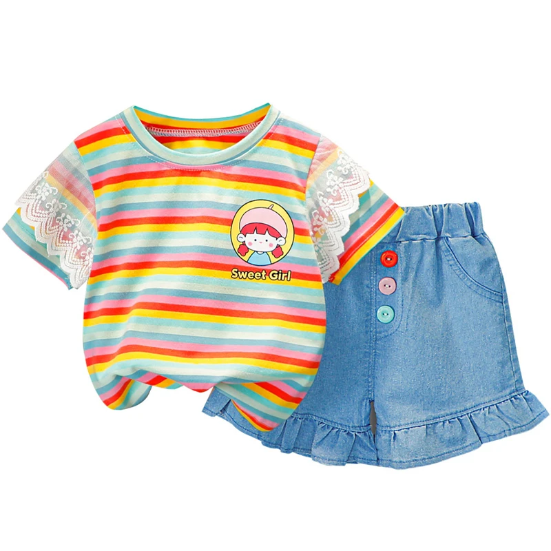 Summer Baby Girls Clothing Sets Toddler Baby Vacation Outfit Rainbow Stripe Short Sleeve T Shirt Denim Shorts Kids Casual Sets 
Summer Baby Girls Clothing Sets Toddler Baby Vacation Outfit Rainbow Stripe Short Sleeve T Shirt Denim Shorts Kids Casual Sets