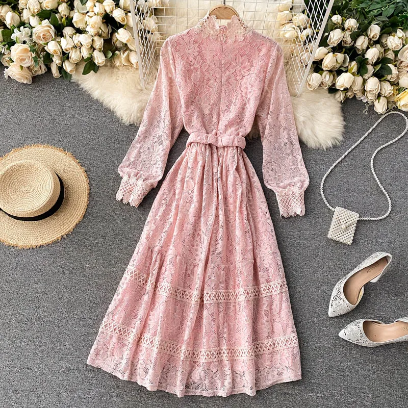 Vintage Lace Hollow Out Women's Dress Autumn 2020 Stand Collar Long Sleeve High Waist Sweet Black/Pink/Beige Robe Fashion New
Vintage Lace Hollow Out Women's Dress Autumn 2020 Stand Collar Long Sleeve High Waist Sweet Black/Pink/Beige Robe Fashion New