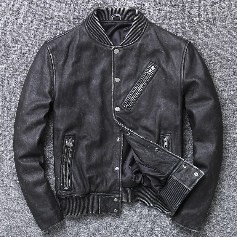 Мужская короткая куртка из воловьей кожи, облегающая бейсбольная форма с воротником-стойкой, винтажная мотоциклетная куртка, 2022 
Мужская короткая куртка из воловьей кожи, облегающая бейсбольная форма с воротником-стойкой, винтажная мотоциклетная куртка, 2022