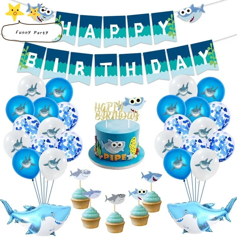 Акула тема День рождения баннер торт Топпер воздушные шары синие латексные