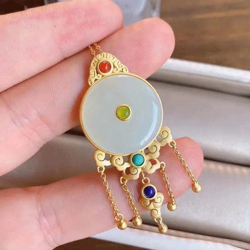 S925 Sterling Silver Vintage Inlaid Natural Hetian Jade White Jade Peace Buckle Jasper Tassel Female Ornament
S925 Sterling Silver Vintage Inlaid Natural Hetian Jade White Jade Peace Buckle Jasper Tassel Female Ornament