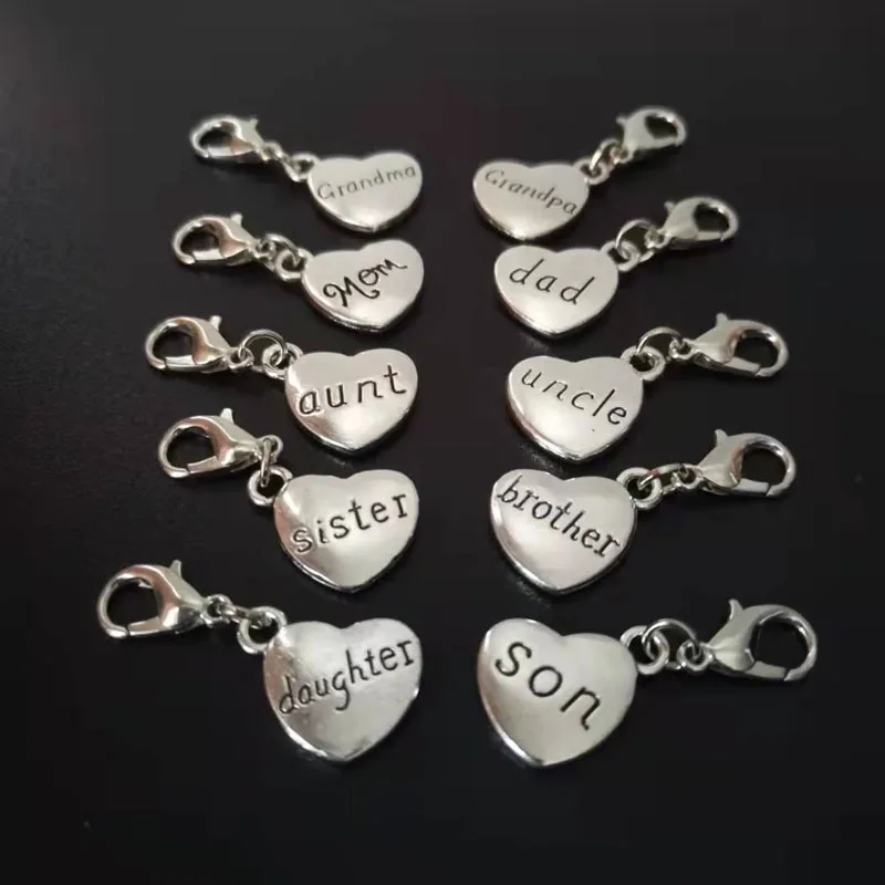 

10pcs/Lot Family Member Heart Letter Charms Grandpa Grandma Daughter Son Mon Dad Brother Sister Uncle Aunt With Lobster