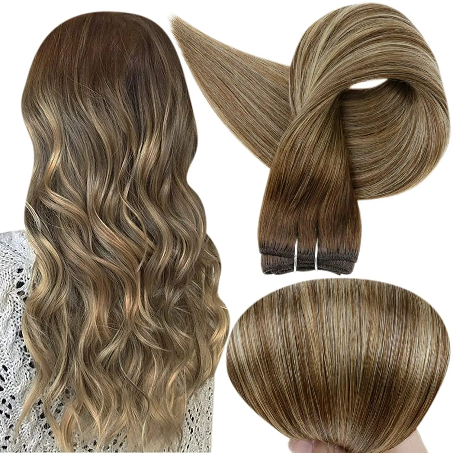 

Full Shine Human Hair Wefts Hair Bundles Ombre Blonde Color 100g Sew In Weft Silky Straight Machine Remy Skin Double Weft Woman