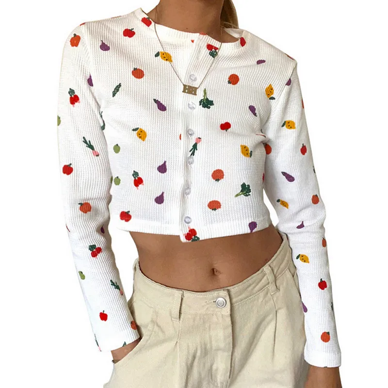 Autumn All-match Cardigan Jacket Womens Fruit Printed T-shirt Fashion Casual Wild Long Sleeve Single-breasted Cardigan Crop Top
Autumn All-match Cardigan Jacket Womens Fruit Printed T-shirt Fashion Casual Wild Long Sleeve Single-breasted Cardigan Crop Top