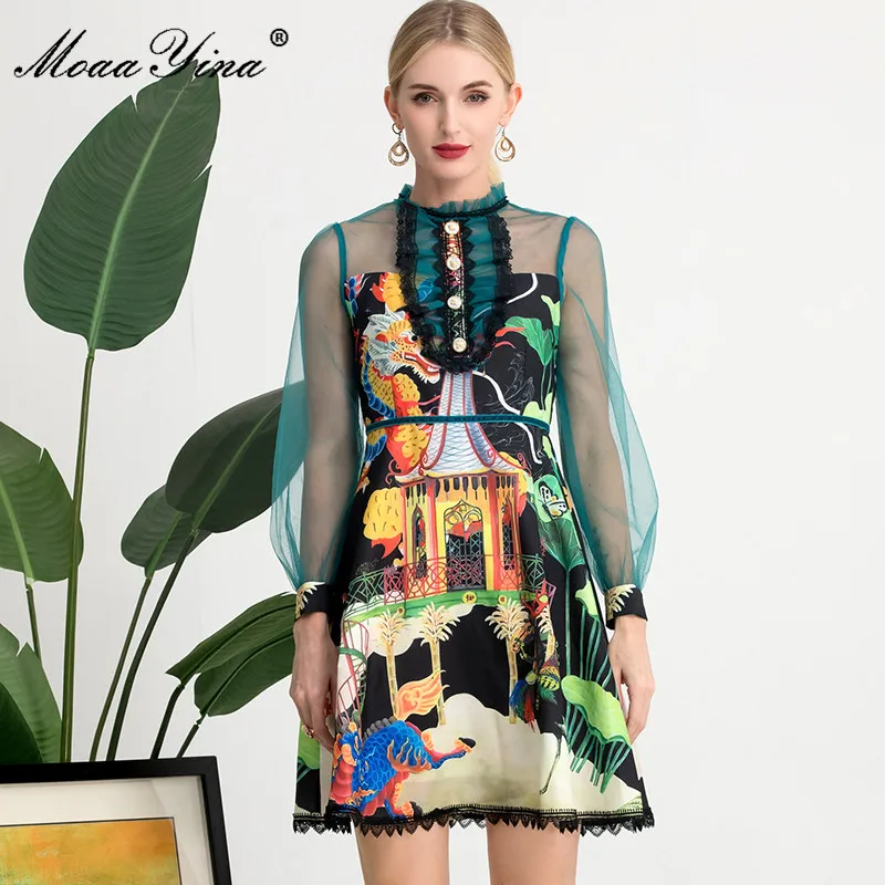 MoaaYina Summer Fashion Runway Designer Elegant Party Dress Women Splicing Mesh Lantern sleeve Vintage Printed Short Dress
MoaaYina Summer Fashion Runway Designer Elegant Party Dress Women Splicing Mesh Lantern sleeve Vintage Printed Short Dress