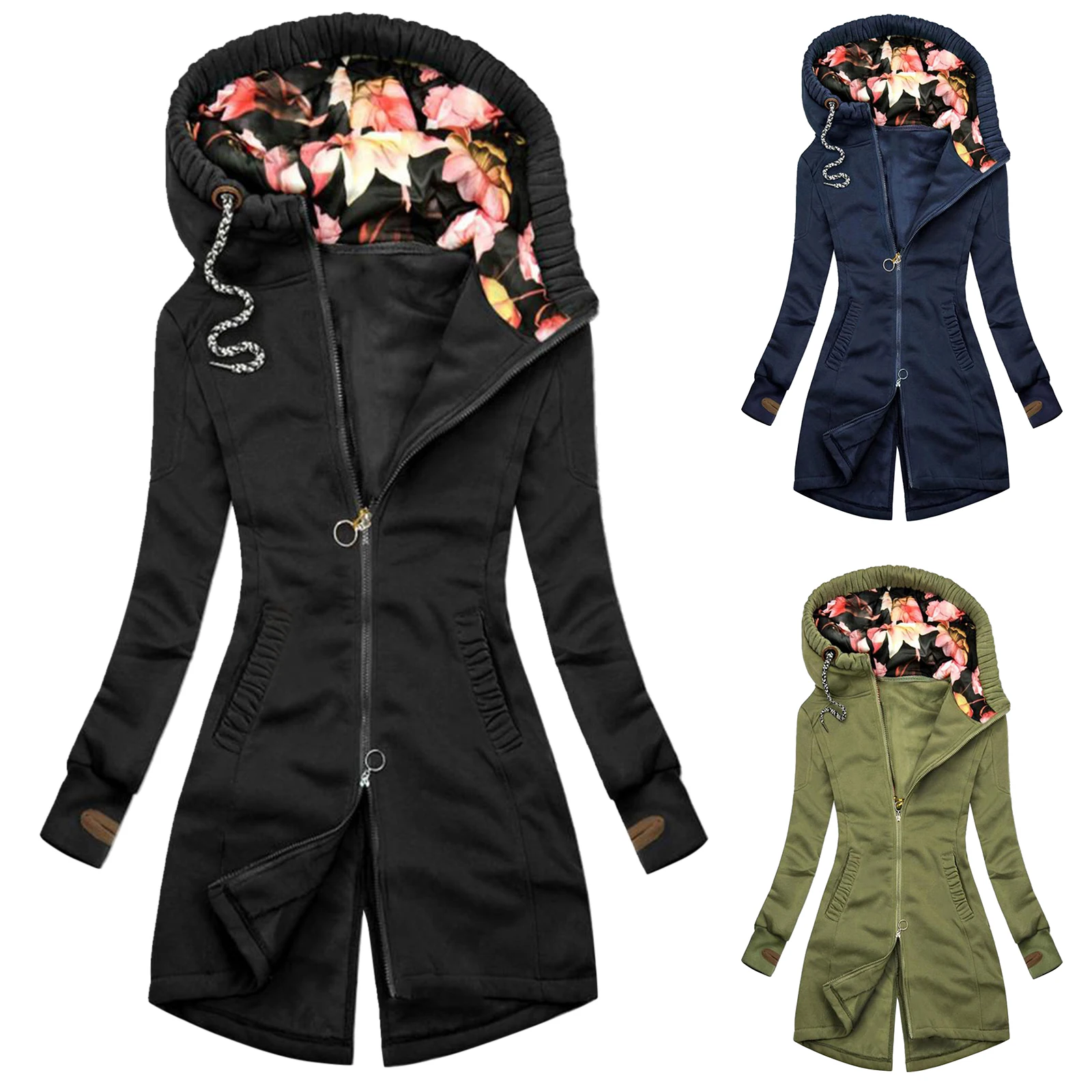 Women's jacket coat autumn and winter new fashion solid color zipper hooded long-sleeved mid-length coat slim slimming jacket 
Women's jacket coat autumn and winter new fashion solid color zipper hooded long-sleeved mid-length coat slim slimming jacket