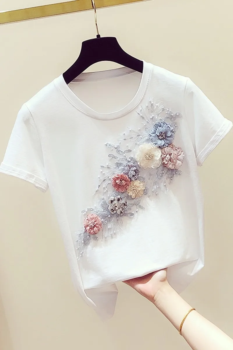 New Spring Summer White Short Sleeve T-shirt for Women Flowers Embroidery All-match O Neck Pullovers Female Cotton Tops
New Spring Summer White Short Sleeve T-shirt for Women Flowers Embroidery All-match O Neck Pullovers Female Cotton Tops