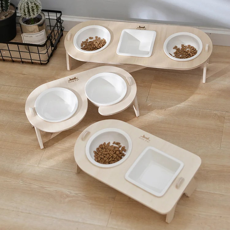 

Ceramic Cat Bowl Oblique Mouth To Protect The Cervical Spine Cat Food Bowl Dog Rice Bowl Pet Wooden Stand Double Bowl Water Bowl