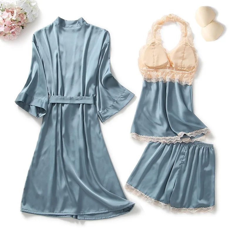 Sexy Women Satin Kimono Gown Bathrobe Lace Patchwork Sleepwear 3PCS Pajamas Set Casual Nightdress Soft Nightwear Home Clothes 
Sexy Women Satin Kimono Gown Bathrobe Lace Patchwork Sleepwear 3PCS Pajamas Set Casual Nightdress Soft Nightwear Home Clothes