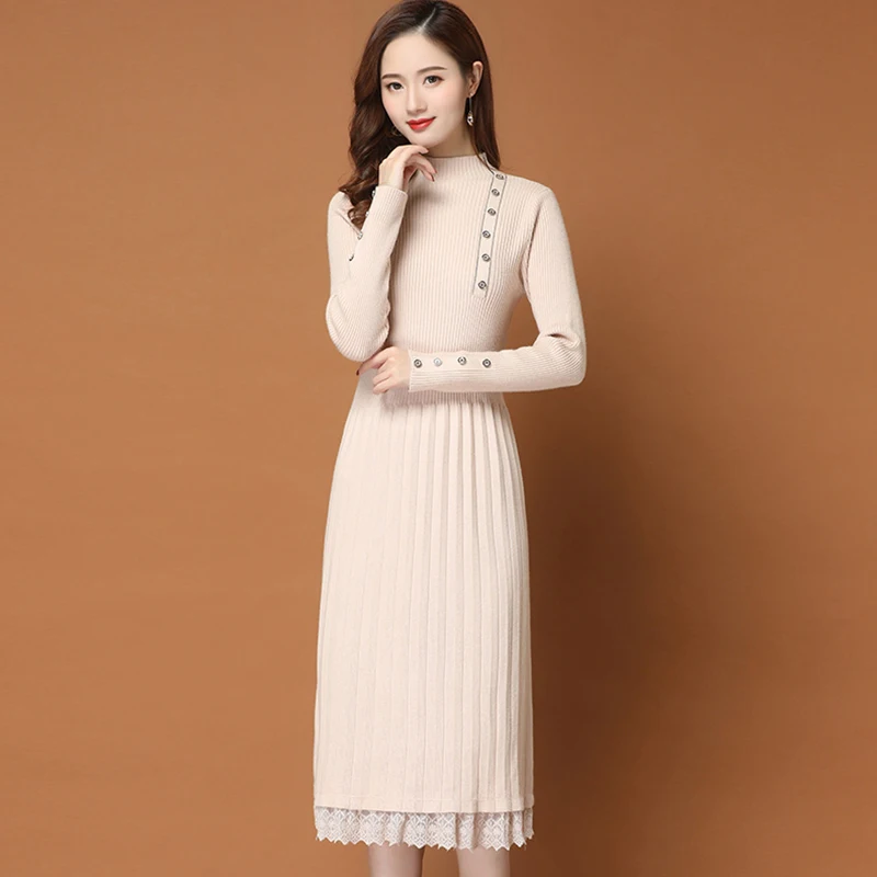 Lace Patchwork Half Turtleneck Long Sleeve Knitted Dress Women Stretch A-line Dresses Elegant Knee-Length lady Knitwear Dress
Lace Patchwork Half Turtleneck Long Sleeve Knitted Dress Women Stretch A-line Dresses Elegant Knee-Length lady Knitwear Dress