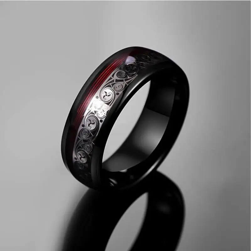 8mm Wide Plating Black Tungsten Steel Ring Inlay Triple Spiral Pattern Red Guitar String Tungsten Carbide Red Ring for Men
8mm Wide Plating Black Tungsten Steel Ring Inlay Triple Spiral Pattern Red Guitar String Tungsten Carbide Red Ring for Men