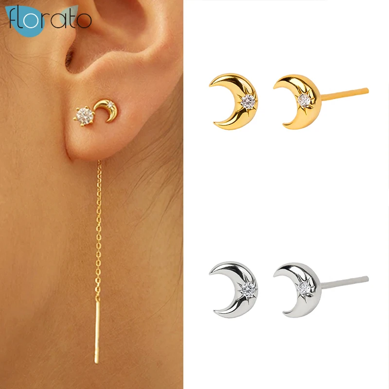 

925 Silver Ear Needle Lovely Moon Stud Earrings for Women Simple Crystal Tiny CZ Earrings Korean Fashion Females Jewelry Gift