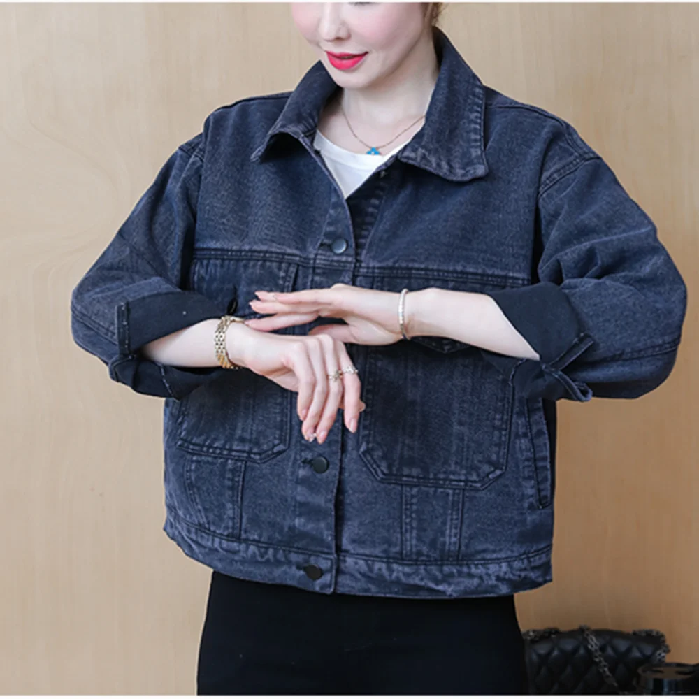 Фото Куртка женская джинсовая свободного покроя Повседневная винтажная однобортная