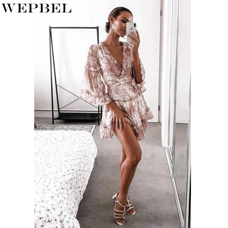 WEPBEL Summer Printed Chiffon Dress Women's V-neck Ruffled Stitching Half Sleeve High Waist Slim-Fit Bandage Backless Dress
WEPBEL Summer Printed Chiffon Dress Women's V-neck Ruffled Stitching Half Sleeve High Waist Slim-Fit Bandage Backless Dress