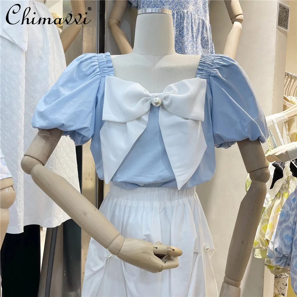 All-match French Style Square Collar Fashion Bow Patchwork Color Contrasting Shirt Sweet Elegant Puff Sleeve Blouse for Women
All-match French Style Square Collar Fashion Bow Patchwork Color Contrasting Shirt Sweet Elegant Puff Sleeve Blouse for Women