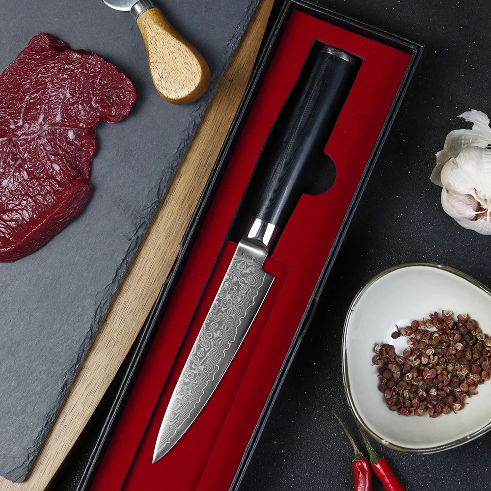 Профессиональный кухонный нож VG10, лезвие из дамасской стали G10, круглая ручка, острый инструмент для резки мяса и овощей, нож для фруктов
Профессиональный кухонный нож VG10, лезвие из дамасской стали G10, круглая ручка, острый инструмент для резки мяса и овощей, нож для фруктов