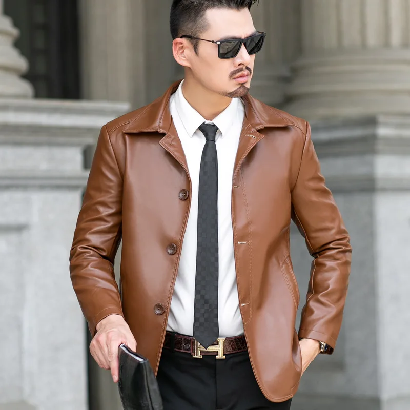 

Thoshine Brand Spring Autumn Men Leather Jackets Smart Casual Style Botton Closure Male PU Faux Leather Jacket Business Coats