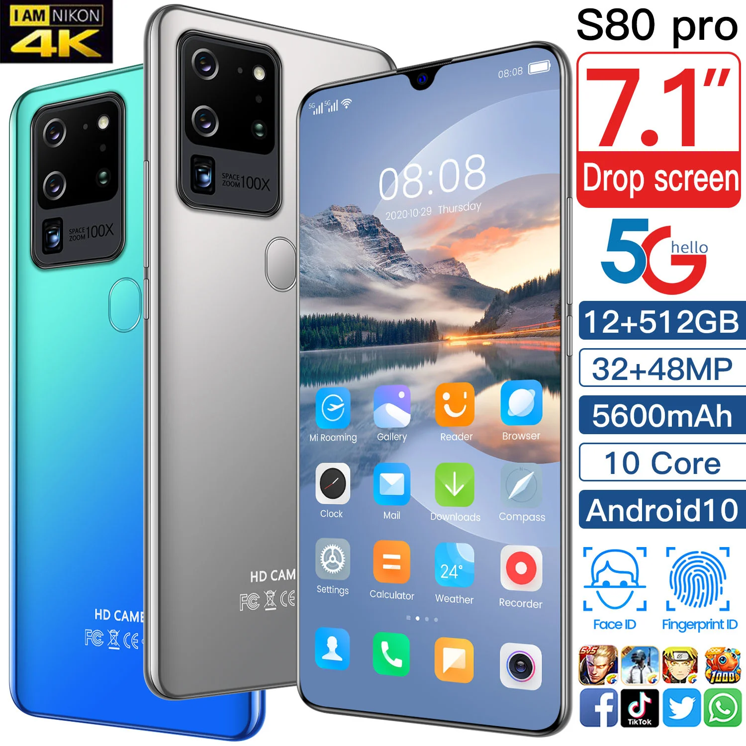 

S80 Pro 7.1 Inch Global Version 32+48MP Andriod 10 Smartphones 12GB RAM 512GB ROM 10 Core MTK6889 Dual SIM 4G LTE 5G Cell Phone