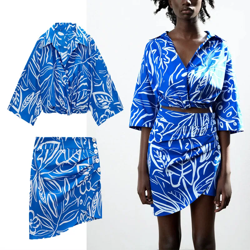 

Za 2021 Draped Print Mini Skirt Women High Waist Ruching Summer Skirts Fashion Button Up Asymmetric Hem Woman Vinatge Blue Skirt
