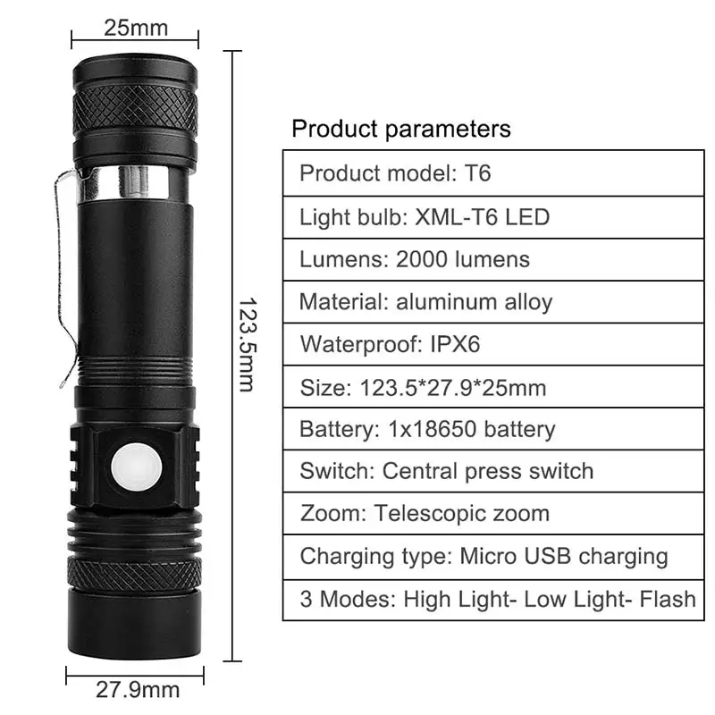 Powerful led flashlight usb rechargeable Zoom torch T6 LED hand lamp 18650 Battery flash light use for Camping Hiking checking
Powerful led flashlight usb rechargeable Zoom torch T6 LED hand lamp 18650 Battery flash light use for Camping Hiking checking