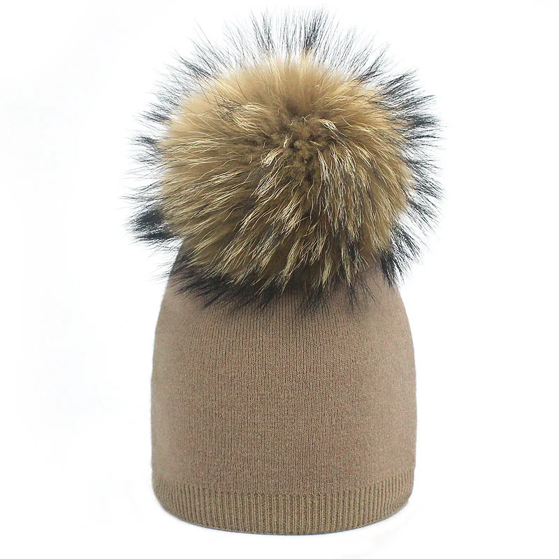 

Girls Boys Knitted Beanie Hat With Real Fur Pompon Children Outdoor Sport Soft Warm Thick Skullies Beanies Hat