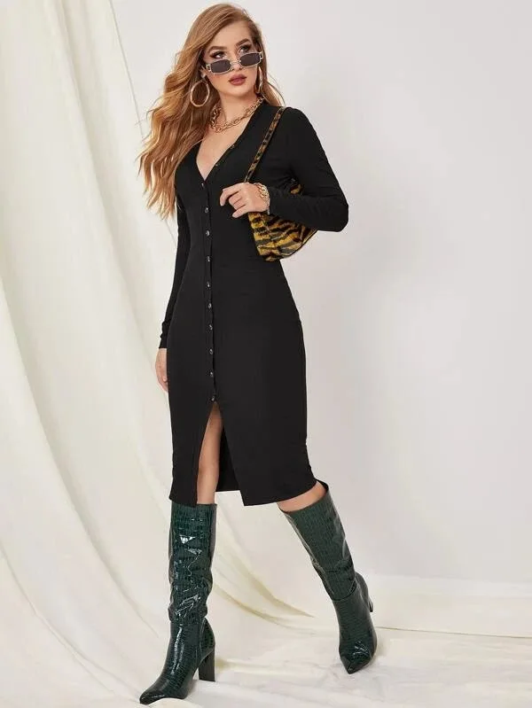 Button Knitted Long Sleeve Party Dresses Women V-Neck Skinny Autumn Sexy Dresses Women Cotton Split Hem 
Button Knitted Long Sleeve Party Dresses Women V-Neck Skinny Autumn Sexy Dresses Women Cotton Split Hem