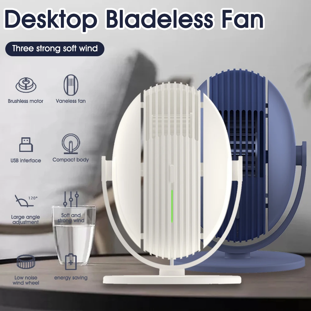 Portable Silent Rotating Desktop Fan Bladeless USB Powered Personal Fan 3 Speed 120° Adjustable Angle Cooling Fan
Portable Silent Rotating Desktop Fan Bladeless USB Powered Personal Fan 3 Speed 120° Adjustable Angle Cooling Fan