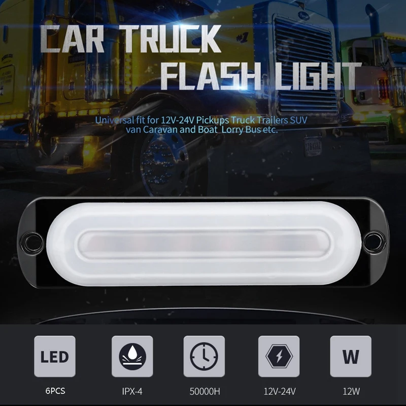 

12Pcs Strobe 6 LED Light White Amber Emergency Hazard Flashing Warning Tow Truck