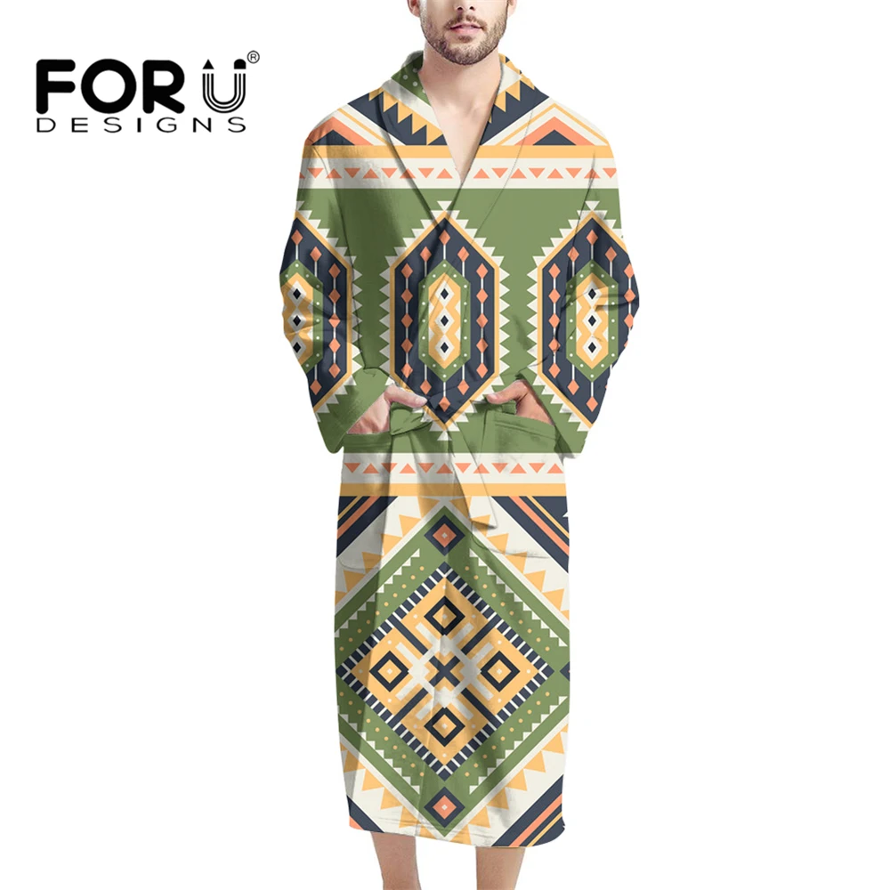 

FORUDESIGNS Men's African Tribal Geometric Pattern Bathrobe Retro Vintage Shawl Collar Fleece Kimono Soft Shower Bath Robes