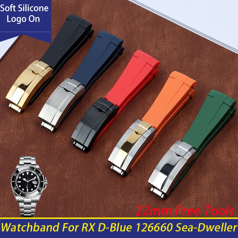 22mm Black Blue Red Green Curved End Soft Silicone Rubber Watchband For Role Strap D-Blue 126660 Sea-Dweller Bracelet Watch Band | Наручные