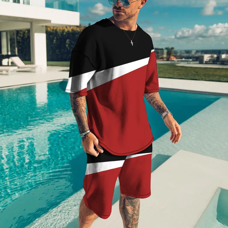 

2022 New Summer Men's Fashion Short-Sleeved T-shirt Shorts 3D Print Same Color Two-Piece Suit S-6XLSimplicity Fight Color Theme