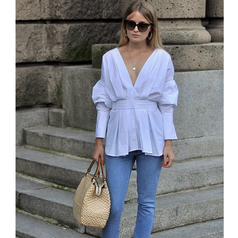 AEL Vintage White Women Shirt Drop Shoulder Long Lantern Sleeve V Neck Slim Elegant Ruched Hem Female Blouse 2020 Summer
AEL Vintage White Women Shirt Drop Shoulder Long Lantern Sleeve V Neck Slim Elegant Ruched Hem Female Blouse 2020 Summer