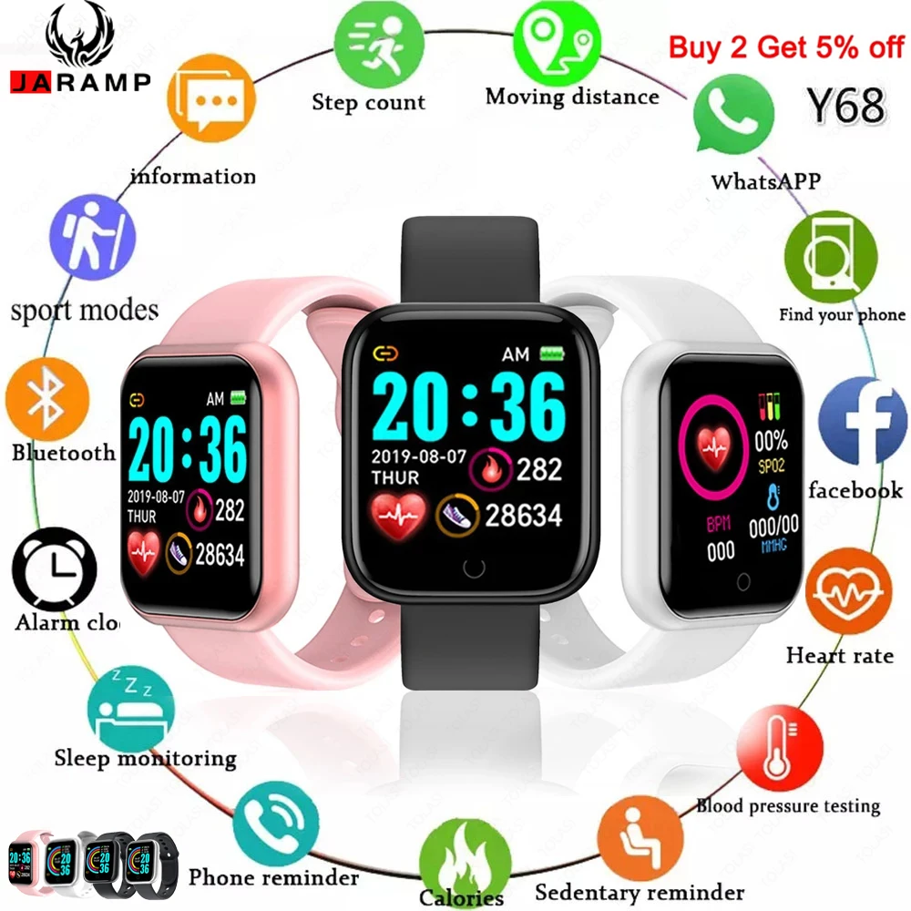 JARAMP Smart Watch 2021 Y68 Fitness Bracelet Activity Tracker Heart Rate Monitor Blood pressure Bluetooth Watch for ios Android
JARAMP Smart Watch 2021 Y68 Fitness Bracelet Activity Tracker Heart Rate Monitor Blood pressure Bluetooth Watch for ios Android