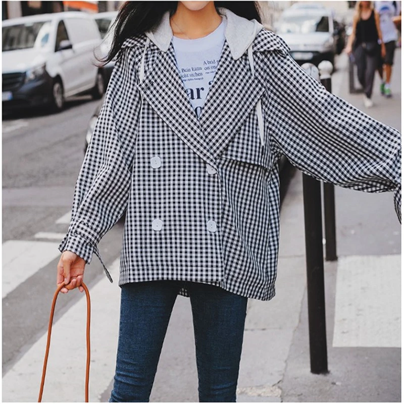Hooded Black White Plaid Women's Short Coat Detachable Cute Double Breasted Loose Female Outerwear Casual Jackets Ds50158
Hooded Black White Plaid Women's Short Coat Detachable Cute Double Breasted Loose Female Outerwear Casual Jackets Ds50158