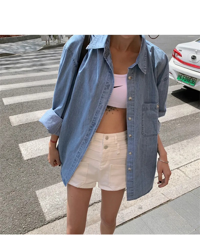 2020 New Arrivlas Denim Blue Pockets Polo-neck Single Breasted Casual Cool Basic Special Design Aesthetic Korean Style Jackets | Женская