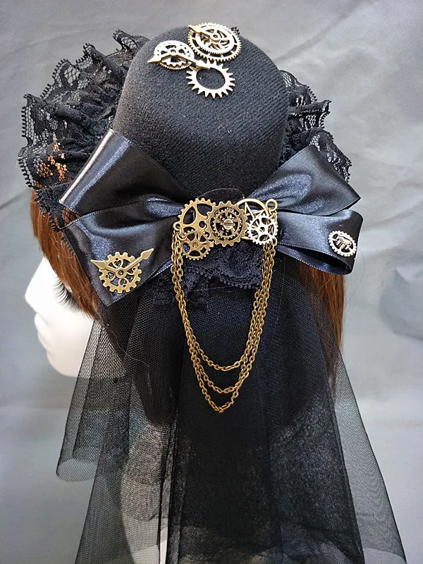 

Black Steampunk Lace Veil Gear Metal Chain Hair Clip Punk Gears Bow Mini Top Hat Cosplay Gothic Lolita Fascinator Hat Headwear