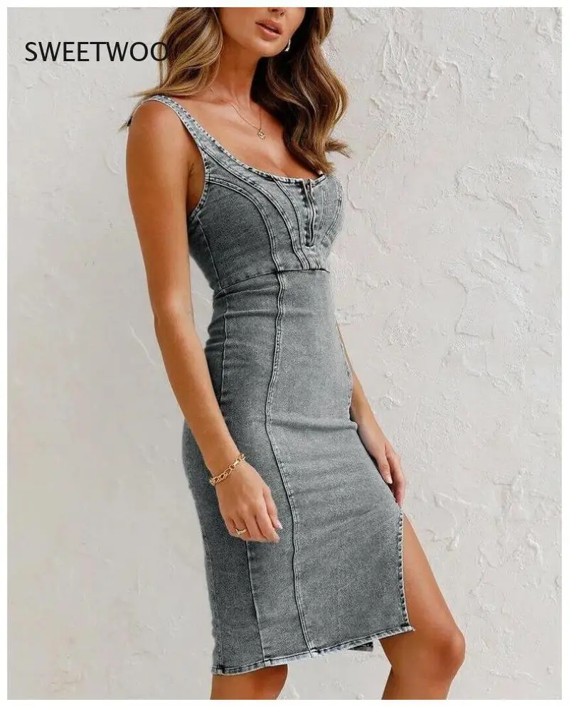 2021 European and American New Summer Sexy Women's Sling Irregular Stretch Wash Denim Dress with Split Ends
2021 European and American New Summer Sexy Women's Sling Irregular Stretch Wash Denim Dress with Split Ends