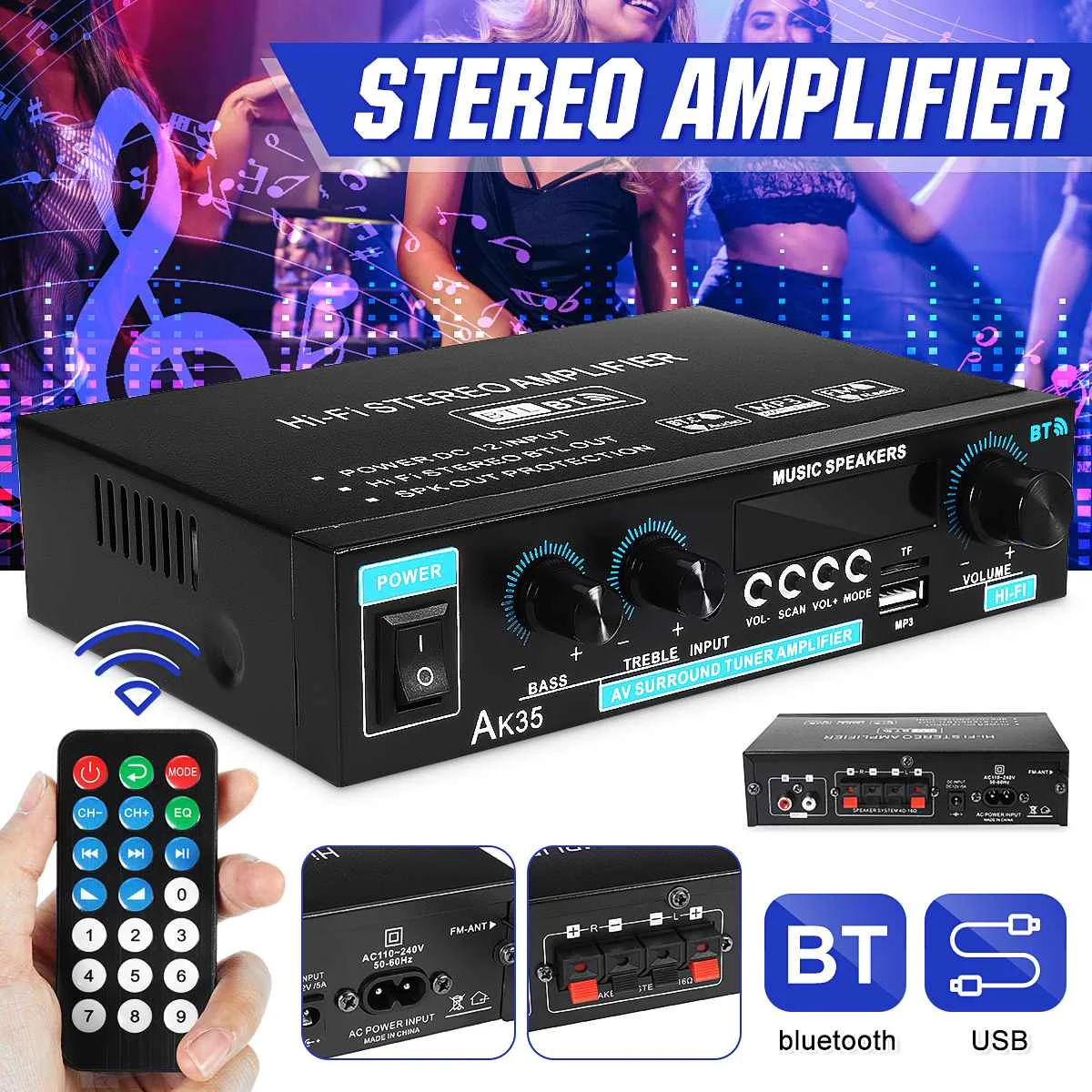 AK35 Home Car Amplifiers 2 Channel bluetooth 5.0 Surround Sound FM USB Remote Control Mini HIFI Digital Amplifier Stereo 400W*2
AK35 Home Car Amplifiers 2 Channel bluetooth 5.0 Surround Sound FM USB Remote Control Mini HIFI Digital Amplifier Stereo 400W*2